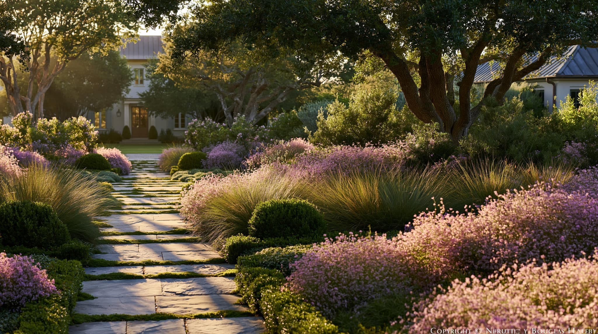 Formal garden entrance at golden hour with a stone path and layered borders