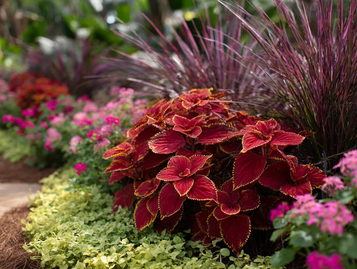 The Elegant Red Coleus combination: burgundy and chartreuse layered bed